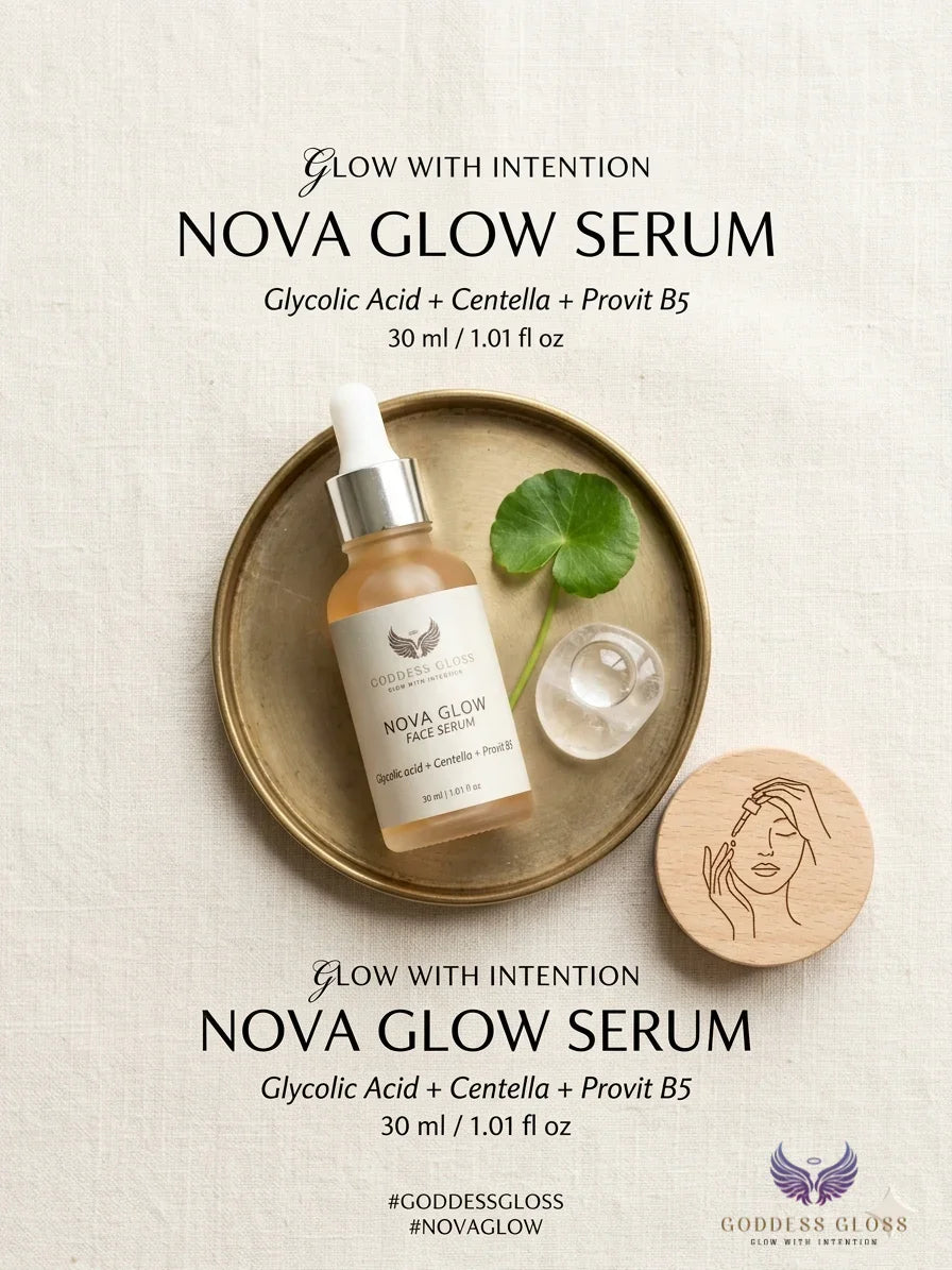 Nova Glow glycolic serum in a glass bottle with a dropper, featuring a label and a background of leaves.