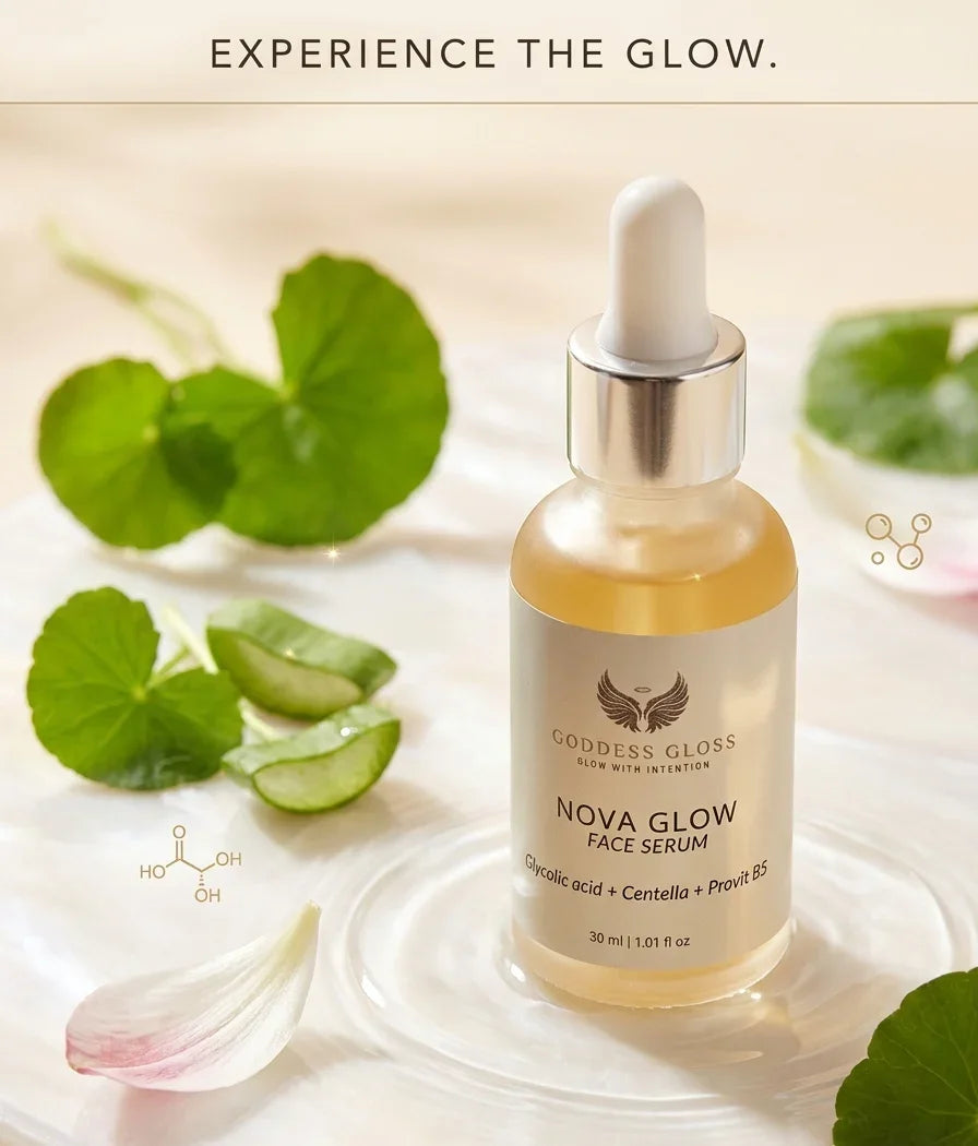 Nova Glow glycolic serum in a glass dropper bottle, surrounded by green leaves and water droplets.